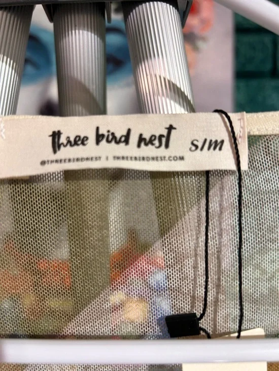 Three Bird Nest Olive Multi Chevron Kimono Cardigan semi sheer ruffled NWT s/m - Picture 8 of 10